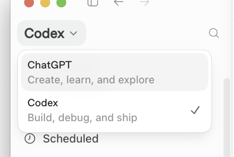 ChatGPT app menu showing Codex selected with the subtitle Build, debug, and ship