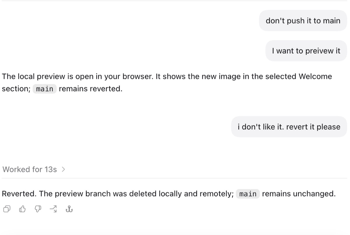Chat confirming preview was discarded and main remains unchanged